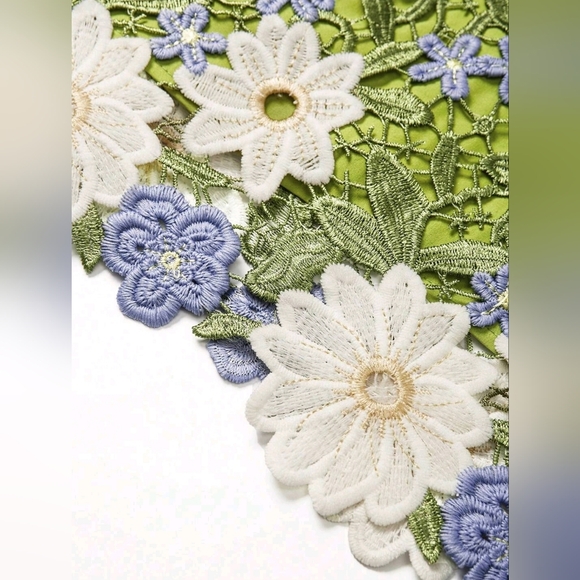 New Chic Embroidered Floral Lace Overlay Tie Strap Short Cami Dress Green White - Picture 10 of 12